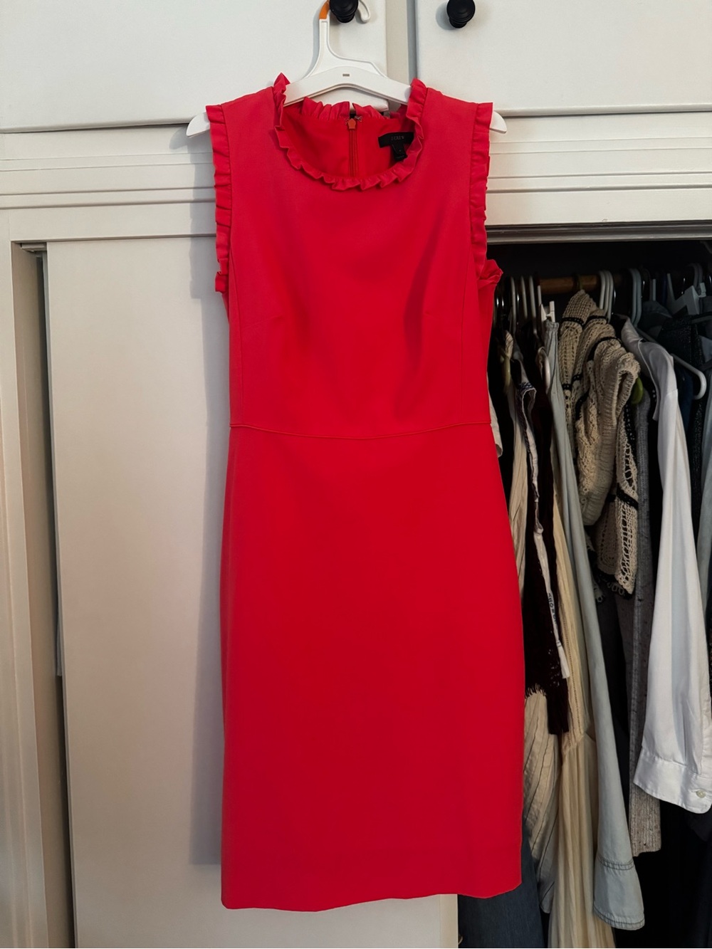 Sleeveless Ruffle Neck Sheath Dress in Bright Pink/Coral